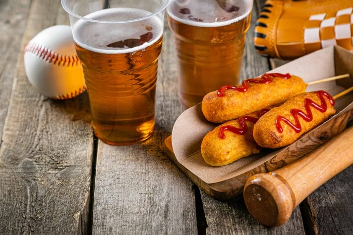 image of corndogs and beer at baseball stadium | hawking concession trays food